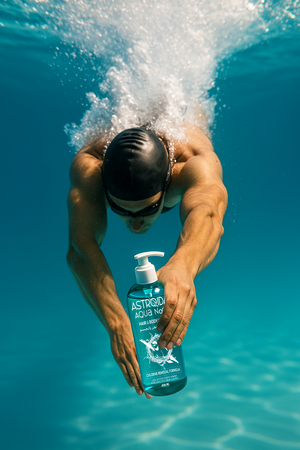 Person underwater holding a bottle of Aquasana water in clear blue water