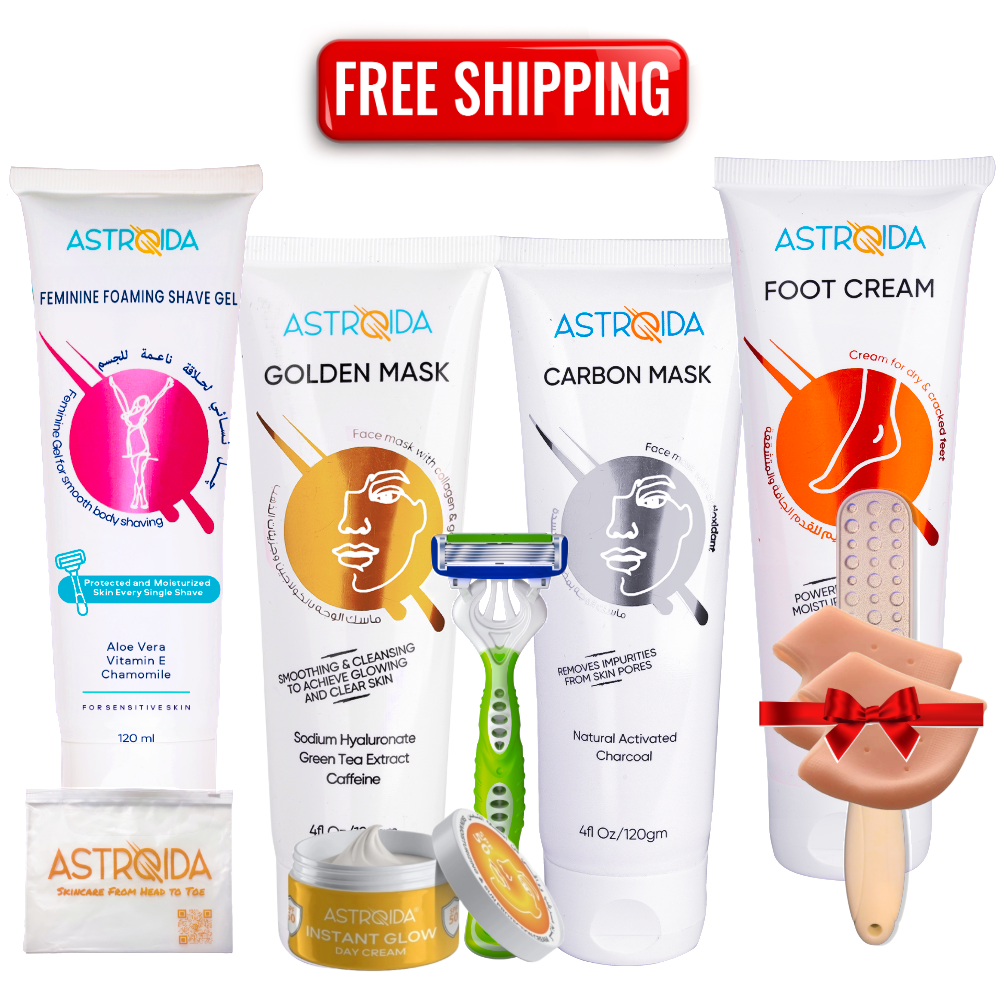 Eid Ultimate Care Set (Astroida Gel+Foot Cream+Carbon+Golden Masks+Dac cream100ml+Premium Razor) Foot Brush Free+2 Silicon Heel Free + Free Shipping