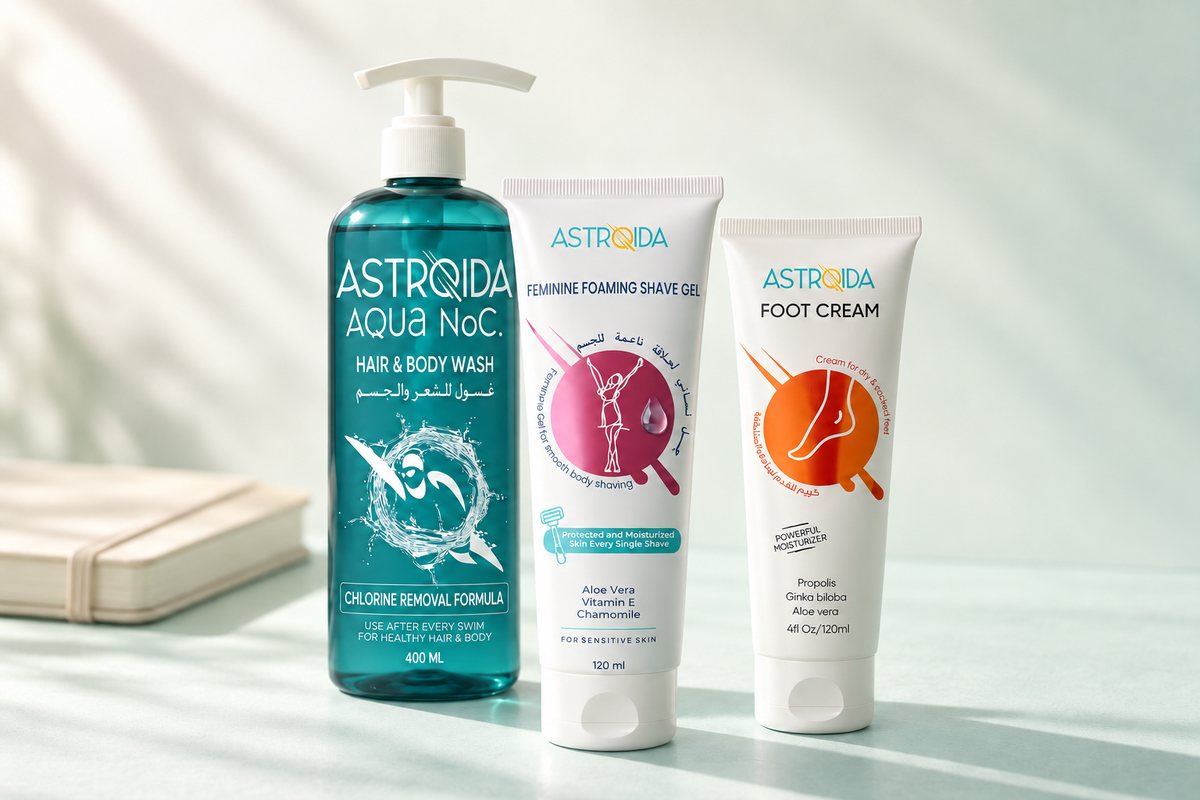 Astroida Aqua NoC wash, foaming shave gel and foot cream on a light mint background